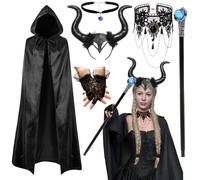 HSYWSH 6 PCS Evil Queen Costume, Women Evil Witch Horns Headband, Gothic Retro Lace Necklace, Cloak, Staff, Lace gloves, Carnival Halloween Costume Cosplay Props