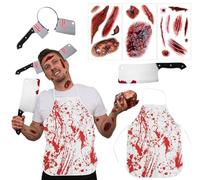 HSYWSH 6PCS Halloween Costumes for Men Halloween Apron Mens Butcher Costume-1 Apron, 2 Butcher Thru Head Toy, 3 Sheets Realistic Tattoo Stickers Outfit for Adult & Teen Chef (Multicolor 1)