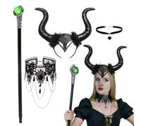 HSYWSH Witch Costume Accessory, Evil Queen Costume, Evil Queen Outfit with Gothic Horns Black Witch Headband, Staff, Retro Lace Necklace for Women's Halloween Cosplay Carnival