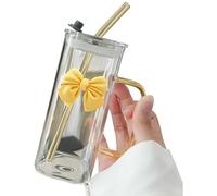 Hsyzygian 400ml Square Glass Drinking Cup with Straw and Bowknot Accent Water Tumblers Mug for Various Beverages Glass Cup