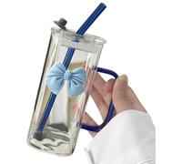 Hsyzygian 400ml Square Glass Drinking Cup with Straw and Bowknot Accent Water Tumblers Mug for Various Beverages Glass Cup
