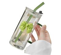 Hsyzygian 400ml Square Glass Drinking Cup with Straw and Bowknot Accent Water Tumblers Mug for Various Beverages Glass Cup