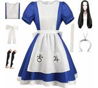 HSZSSMW Alice Madness Returns Cosplay Costume With Necklace Maid Dress Set Halloween Part (Blue-1+Wig, M)