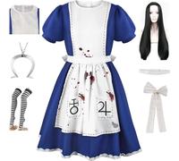 HSZSSMW Alice Madness Returns Cosplay Costume With Necklace Maid Dress Set Halloween Part (Blue-2+Wig, XS)