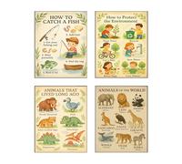 HT LIFE Educational Posters for Kids - Set of 4 Learning Wall Art Prints - How to Catch a Fish, Protect the Environment, Animals of the World, Prehistoric Animals - Classroom, Nursery, Playroom Decor