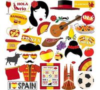 Htabiol Spain Photo Booth Props, 37pcs Spanish Party Decorations, Red, Yellow, Cartoon Spanish Culture, Cardstock, Party Photobooth Props
