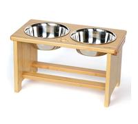 HTB Raised Dog Bowls With Stand, Bamboo Elevated Dog Bowls for Large Medium Small Size Dogs, Bamboo Pet Food And Water Feeder With 2 Stainless Steel Bowls - 43.99cm(L)*24cm(W)*25.5cm(H)