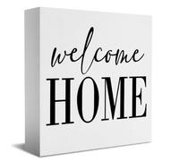 HTBIG Welcome Home Sign Home Decor Desk Decor Wooden Box Sign Rustic Black Wood White Plaque Box Sign for Women Family Friends Farmhouse Living Room Kitchen Bedroom Shelf Table Decoration