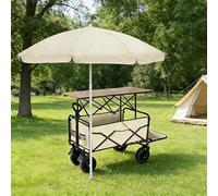 HTDRE Collapsible Folding Cart w/Table, Outdoor Vendor Wagon All-Terrain Wheels, Waterproof Canopy, Adjustable Handle, Easy Setup for Market Use & Transporting Goods