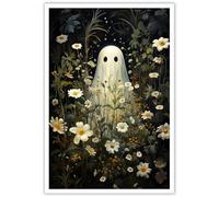 Htdsks Retro White Ghost Posters Funny Cute Horror Scary Wall Art Halloween A Ghost Sat Among The Blossoming Flowers Prints Painting For Home Bedroom Dorm Wall Decor 12x16in Unframed
