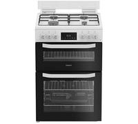 HTG6GDCW 60cm Freestanding Gas Cooker - White, Double Cavity, 4 Gas Burners, Grill, LED Timer, Easy Clean Enamel, Energy Efficient, Family Size Cooking
