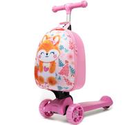 HTgroce 2-in-1 Children's Scooter Suitcase for Girls and Boys - Rigid Travel Case with Folding Scooter - Trolley with Wheels Foot Brake - Fun Luggage for Holidays and Three, A-Orange Fox, Classic