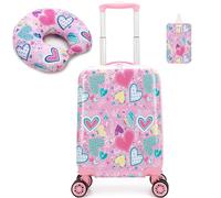 HTgroce 2 Pieces Children's Suitcase, Children's Travel Case with Travel Pillows, Luggage Tag, Suitcase for Girls with Universal Wheels, A-pink Heart