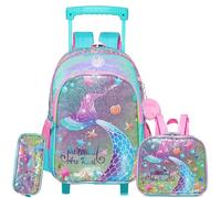 HTgroce 3-in-1 Girls' Primary School Bag with Wheels, Backpack Combination Includes Lunch Bag and Pencil Case, Blue Mermaids