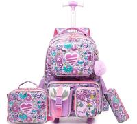 HTgroce 3 in 1 School Trolley Backpack for Girls with Wheels, A Heart, 43 cm x 30 cm x 20 cm, 24L, 2 Wheels, Adjustable Trolley Bar, Large Compartments