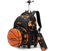HTgroce 3 in 1 Trolley Backpack for Children and Teenagers - Elementary School with Wheels, Bags and Pen Bag, Black Orange Backetball, Niño / Pequeño