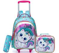 HTgroce 3pcs Backpack Trolley with 2 Wheels for Children Backpack School Bag Children's Backpack Girls School Trolley School Backpack with Lunch Bag and Pencil Case, Blue Cat, 42 x 30 x 20 cm (trolley