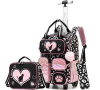 HTgroce 3pcs School Backpack with Wheels Trolley for Girls Primary School, A-Black Pink, 42cm x 30cm x 20cm