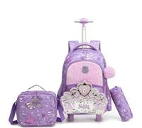 HTgroce 3pcs School Bag with Wheels Backpack Trolley Children's School Bag Girls School Trolley with Lunch Bag and Pencil Case, A-purple crown, 42 x 30 x 20 cm, Playful