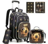 HTgroce 3pcs Trolley for School Backpack Elementary Child Travel Middle School Backpack with Wheels with Snack Bag and Pencil Case, Black Soccer 5pcs, 42 x 30 x 20 cm, dynamic