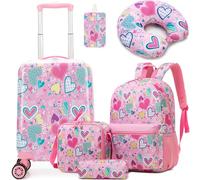 HTgroce 5-Piece Children's Suitcase Set, Hard Case with Wheels, Pink Heart, Airline Approved, Perfect for Traveling & School