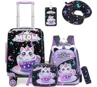 HTgroce 5 Pieces Girls Suitcase with Retractable Handle Backpack Hand Luggage with 360° Swivel Wheels, Black Cats, 31 x 19.5 x 40.5 cm