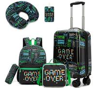 HTgroce 6-Piece 16 Inch Children's Suitcase and Backpack with Neck Pillow, Lunch Bag, Suitcase Tag, Pencil Case, Children's Hand Luggage with 4 Wheels 360° Suitcase Set, B-game Over, 31 x 19.5 x 40.5