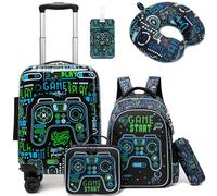 HTgroce 6-Piece 16 Inch Children's Suitcase and Backpack with Neck Pillow, Lunch Bag, Suitcase Tag, Pencil Case, Children's Hand Luggage with 4 Wheels 360° Suitcase Set, B-Black Game, 31 cm x 19.5 cm