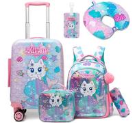 HTgroce 6 Piece Kids Suitcase 16" and Backpack with Neck Pillow, Lunch Bag, Suitcase Tag, Pencil Case, Kids Carry-On Luggage with 4 360° Wheels Rolling Luggage Set, 31 x 19.5 x 40.5 cm