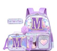 HTgroce Backpack for Girls Elementary Bookbag for School Backpack Set Girls Preschool Book Bag with Lunch Box Pencil Case, Purple M, M, Purple M