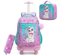 HTgroce Backpack on Wheels for Girls - 3 in 1 Set with Lunch Bag and Lunch Bag - Ergonomic School Trolley for Primary School - Baby Stroller for School and Travel, A-cat