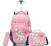 HTgroce Backpack with Wheels for Girls Primary - 3 in 1 Set with Lunch Bag and Pencil Case - School Backpack Trolley Ergonomic for School and Travel, cat