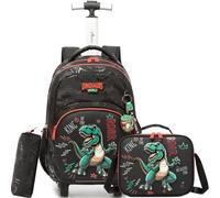 HTgroce Backpack with Wheels for Girls Primary - 3 in 1 Set with Lunch Bag and Pencil Case - School Backpack Trolley Ergonomic for School and Travel, Dinosaur