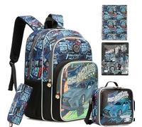 HTgroce Boys' Primary Backpack Child Backpack Boy School Backpack with Lunch Bag Pencil Case for Children, A-5pcs Racing Car, 42 x 30 x 20 cm, Racing