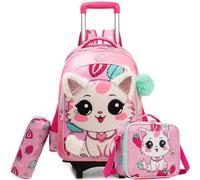 HTgroce Girls Backpack with Wheels for Kids Lunch Bag and Pencil Case - Ideal for Kids Going to School and Traveling, B-Pink Cat, 42 x 30 x 20 cm