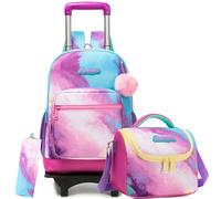 HTgroce Girls Backpack with Wheels for Kids Lunch Bag and Pencil Case - Ideal for Kids Going to School and Traveling, Purple Yellow Blue, 42 x 30 x 20 cm