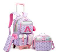 HTgroce Girls' Detachable Initial A Backpack with Wheels - 3 Piece Set with Bag & Pencil Case - Primary School Bag CP CE1 CE2, purple