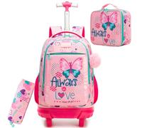 HTgroce Girls Primary School Trolley Backpack - 3 in 1 Set with Backpack, Snack Bag and Pencil Case - Backpack with Wheels for Primary and Travel, A-Butterfly