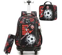 HTgroce Girls Primary School Trolley Backpack - 3 in 1 Set with Backpack, Snack Bag and Pencil Case - Backpack with Wheels for Primary and Travel, B-Football