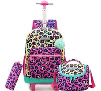 HTgroce Girls Primary School Trolley Backpack - 3 in 1 Set with Bag and Pencil Case - Backpack with Wheels for School and Travel, a-leopard