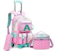 HTgroce Girls Primary School Trolley Backpack with Letter A - 3 Piece Set with Snack Bag and Pencil Case - Ergonomic 2-in-1 Wheeled Backpack for School and Travel, pink