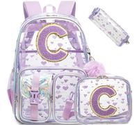 HTgroce Girls Primary Transparent Backpack with Initial (A M S K C) - 3 Piece School Bag Set with Lunch Bag & Pencil Case - Ergonomic for School (CP CE1 CE2), purple, C, Modern
