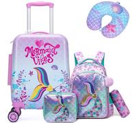 HTgroce Kid 5 Piece Set Travel Bag with Backpack, Neck Pillow, Lunch Bag, Pencil Case & Luggage Tags, Travel Trolley with Wheels for Boys Girls, Mermaids, 31 x 19.5 x 40.5 cm