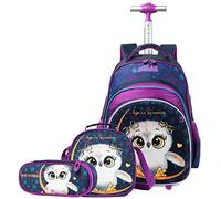 HTgroce Kids Girls Backpack Trolley Bag Girls Boys School Bag Children's Cute Backpack Rolling Backpack with Wheels School Rucksack with Lunch Box Owl
