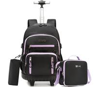 HTgroce Multi-compartment bag children's trolley backpack school bag girls school backpack trolley school backpack children's suitcase travel luggage, A-Purple&Black