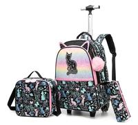 HTgroce Rolling Backpack for Girls Cute Cat Backpacks with Wheels Kids Carry on Luggage for Girls Ages 8-10 Kids Back to School Supplies Travel Suitcase with Lunch Box and Pencil case