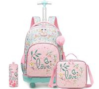 HTgroce School Bag with Wheels Backpack Trolley Children Backpack School Bag Girls School Trolleys with Lunch Box and Pencil Case, A - pink flower, M, female