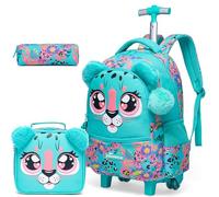 HTgroce School Trolley Bag, Children's Backpack with Wheels, School Bag, Girls' School Trolleys, School Backpack with Lunch Bag and Pencil Case, a-green leopard, 43 cm x 30 cm x 20 cm