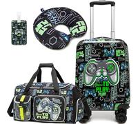 HTgroce Set of 3 Children's Suitcase with Handbag, Neck Cushion, Travel Bag, Label, Suitcase with Wheels, B-Game, 31 x 19.5 x 40.5 cm