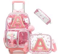 HTgroce Transparent Rolling Backpack for Girls 3pcs Clear Roller Backpacks for Girls See Through Backpack with Wheels, Pink a, M, Pink a